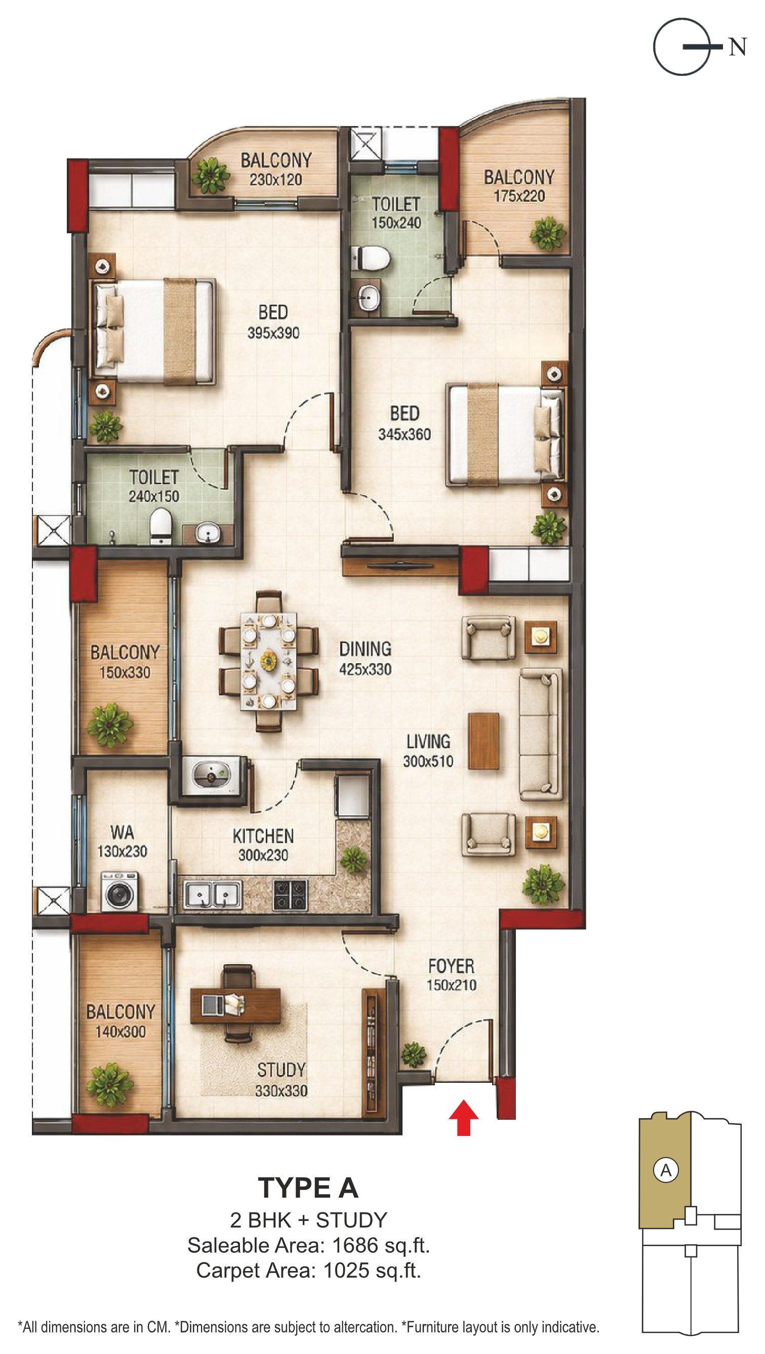 RCN Regal Palace — Unit A floor plan (2 BHK + Study Room)